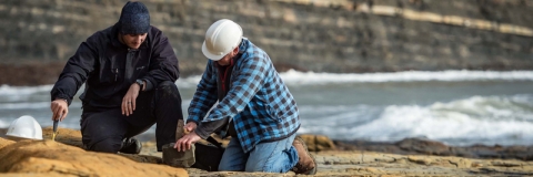 Student and tutor examining rocks on coast