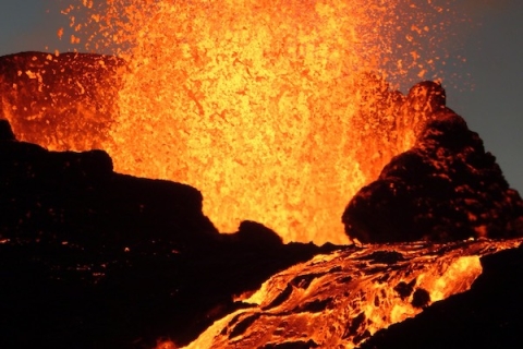 Volcanic eruption at night, close-up