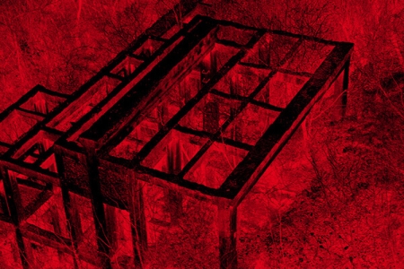 A red-black duotone composition of blocks