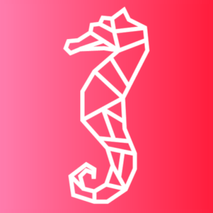 Line drawing of a white seahorse on top of a pink background