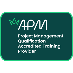 Logo for Association for Project Management on a dark green background with light green crown line drawing, the letters APM in white and the words 'Project Management Qualification Accredited Training Provider' in white