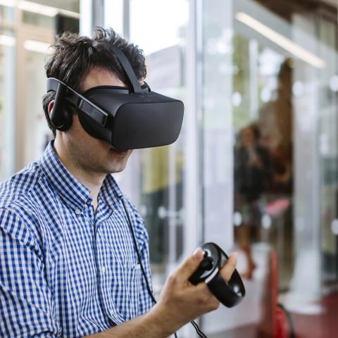 Man wearing VR headset used in healthcare