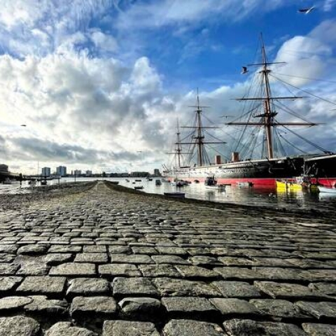 Looking out to the harbour with Spinnaker Tower on the left and the Warrior Ship on the right