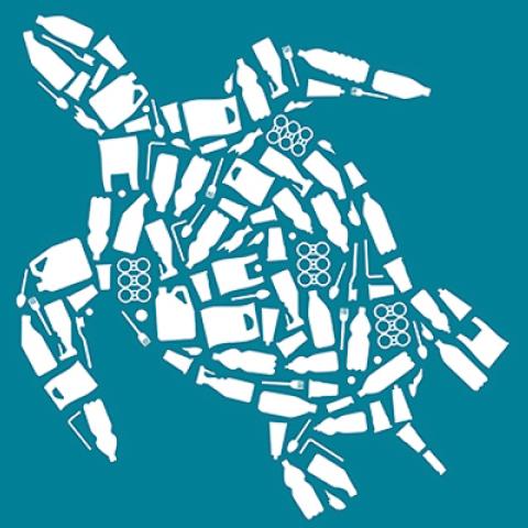 drawing of turtle composed of plastic waste