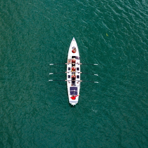 An aerial view of a GB Row ocean rowing boat