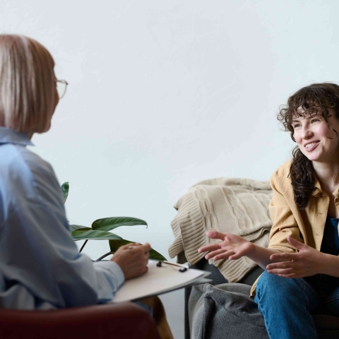 Two women talking in a therapy setting