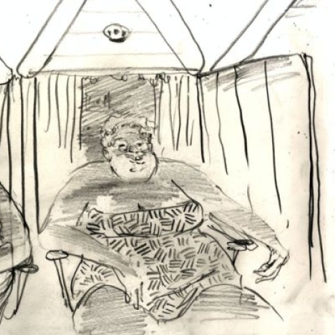 Illustration of an older couple sit outside beach-huts in Bournemouth