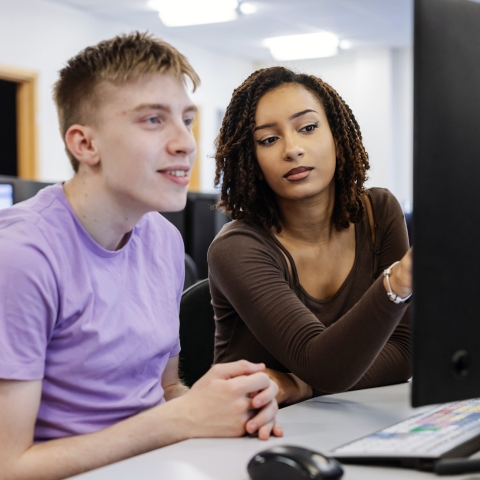 Two people looking at a computer screen