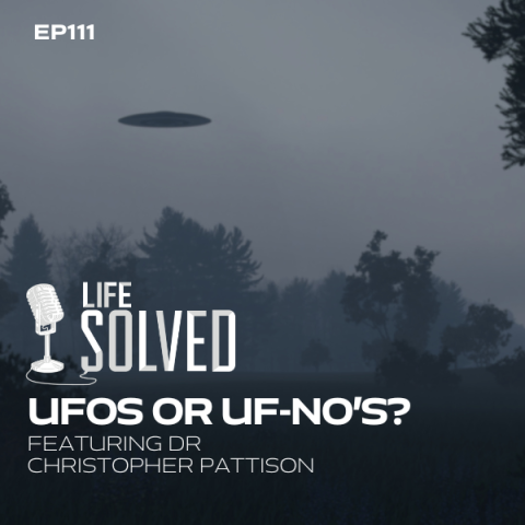 Flying saucer hovering over forest in grey with Life Solved logo and Introduction title 