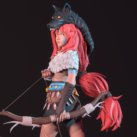 computer animated image of a hunter with long red hair, a large hunting bow and a wolf head piece