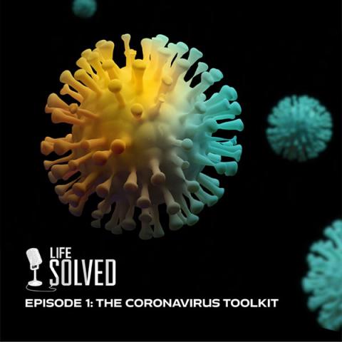 3D visualisation of COVID virus cell in yellow and green. Life Solved logo and title at bottom.