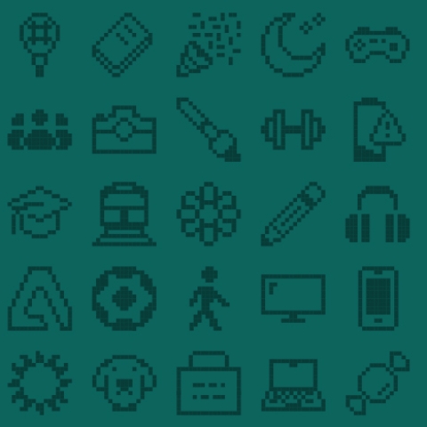 8-bit style graphic icons on a dark green background