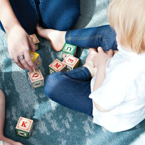 Picture of adult and 2 children sat on floor playing with blocks