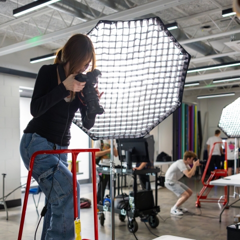 Photographer taking photograph on a ladder. 
