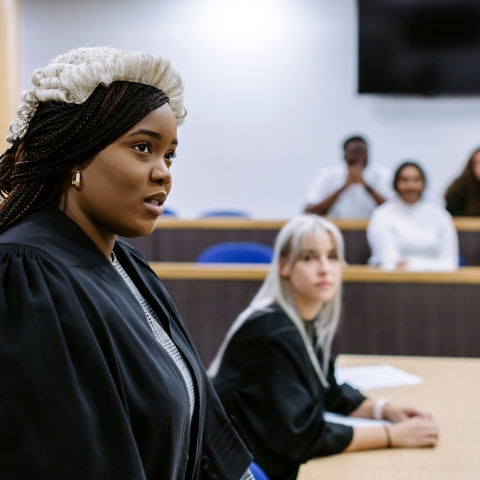 Barrister training in the Portsmouth Law School replica courtroom.