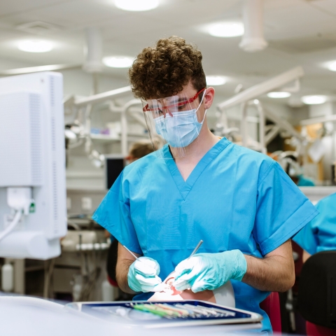 Dental hygiene student in blue scrubs working on a phantom head