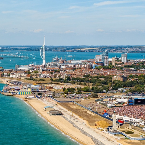A drone image of Portsmouth, which shows the seafront and the Spinnaker Tower