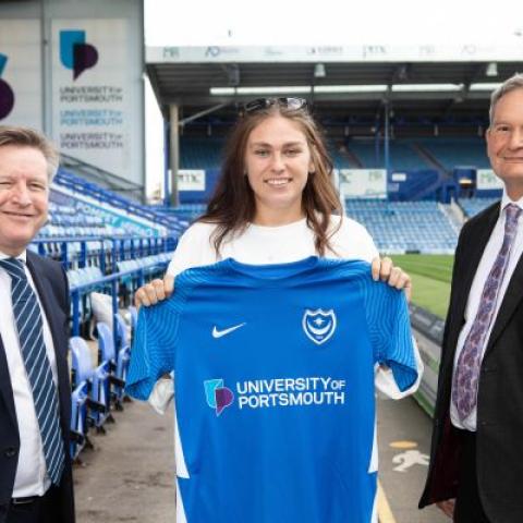 Portsmouth FC CEO Andrew Cullen, Isibeal O’Carroll and University of Portsmouth vice-chancellor Graham Galbraith celebrate the award of the Portsmouth FC scholarship