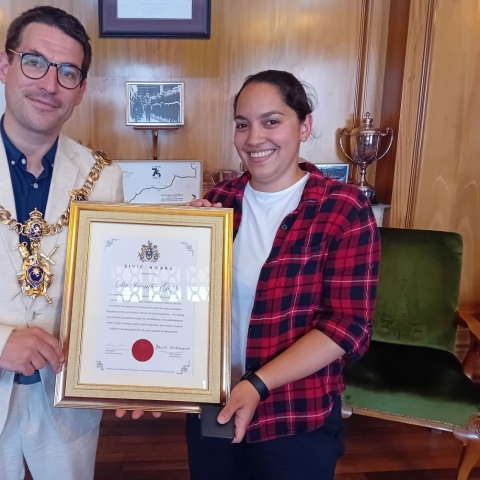 Dr Jen Gupta receiving her Civic Award from the Mayor of Portsmouth