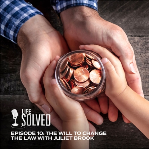 Adult holding child's hands who is holding a jar of pennies. Life Solved logo and title and bottom.