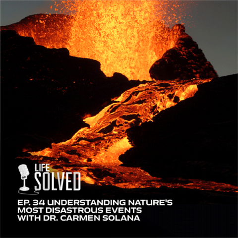 Close up of volcano and lava flow. Life Solved logo and episode title