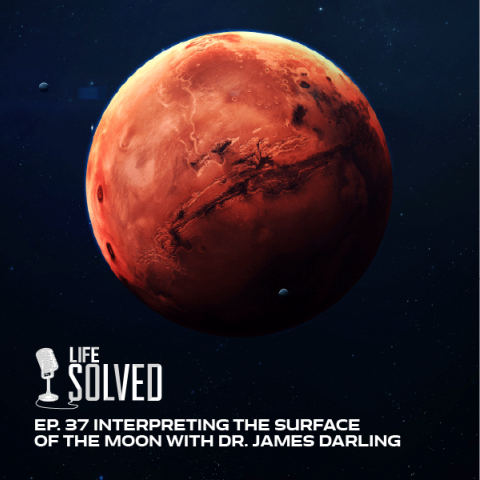 Image of the red planet Mars against a dark background. Life Solved logo and title and the bottom.