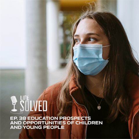 Female student wearing blue face mask and looking away. Life Solved logo and episode title
