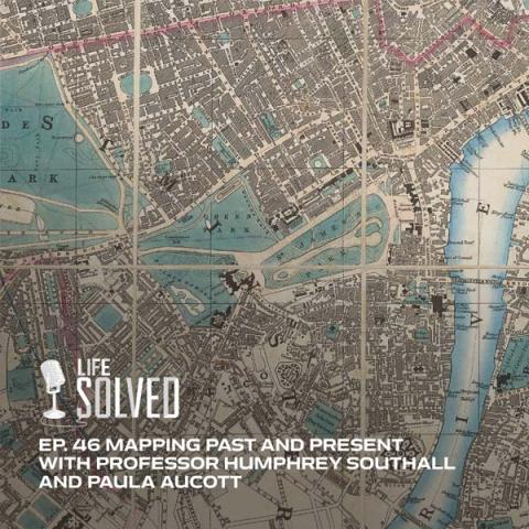 Antique map of London close up. Life Solved logo and episode title on left