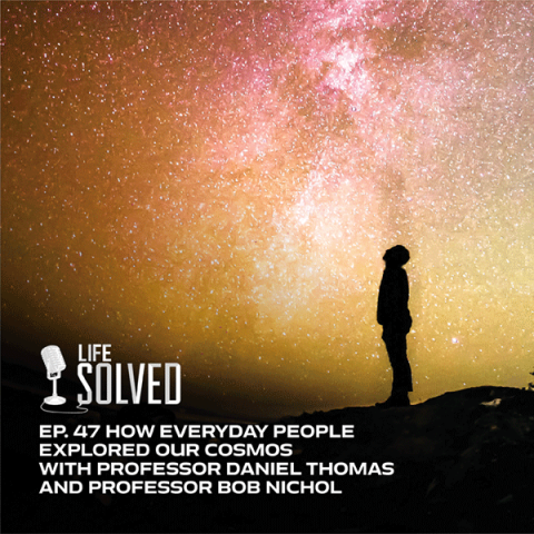 Silhouette of person staring up at stars. Life solved logo and episode title on left