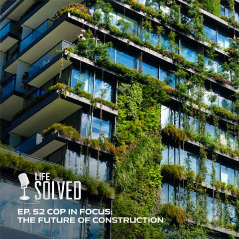 Close up of side of building covered in windows and plants. Life solved logo and episode title