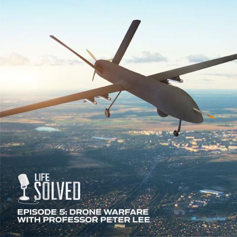 Military drone in the air above land. Life Solved logo and title.