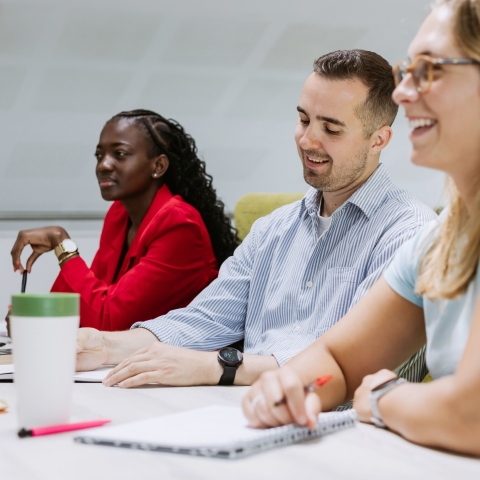 Colleagues discussing ideas in a meeting room