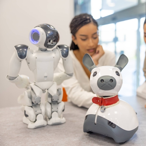 Two students working with robots 