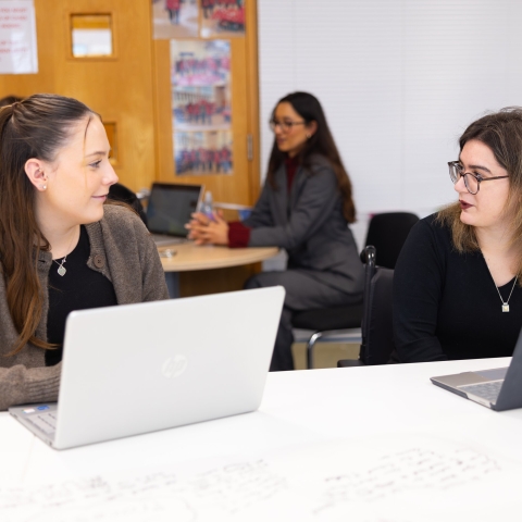 Two women using laptops and talking 