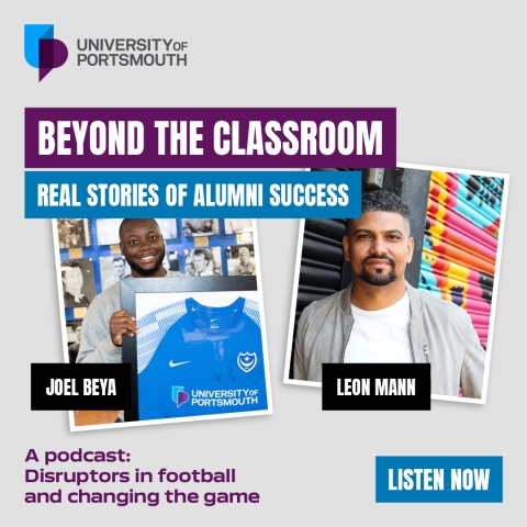 Graphic of Beyond the Classroom - Real Stories of Alumni Success podcast with title: Disruptors in football and changing the game with images of Joel and Leon