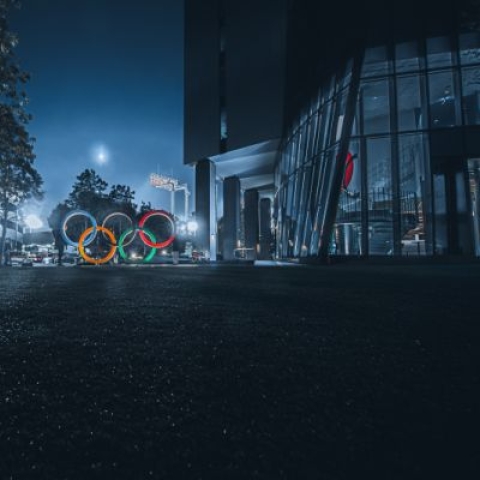 The Olympic rings glowing at night