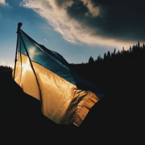 A Ukrainian flag in the wind