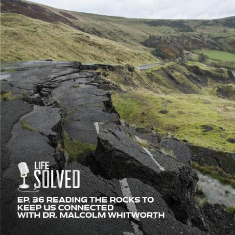 Collapsed road in Peak District. Life Solved logo and episode title on left of image.