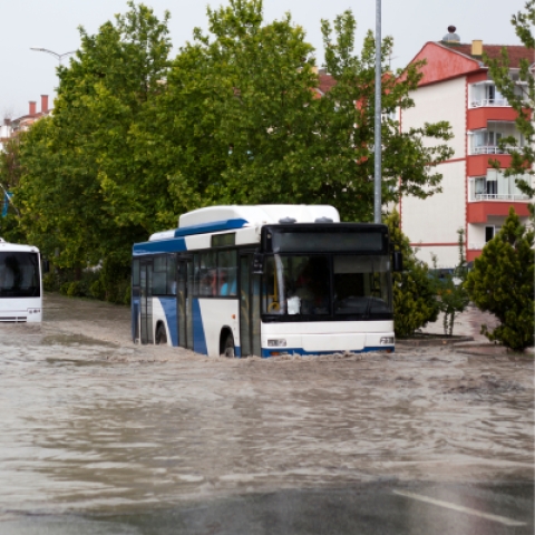 Two busses driving through a flooded road.
