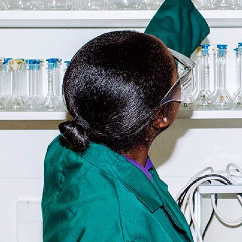 A Biotechnology student reaching for an Erlenmeyer flask
