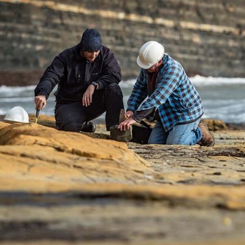 Two geologists working on a rock