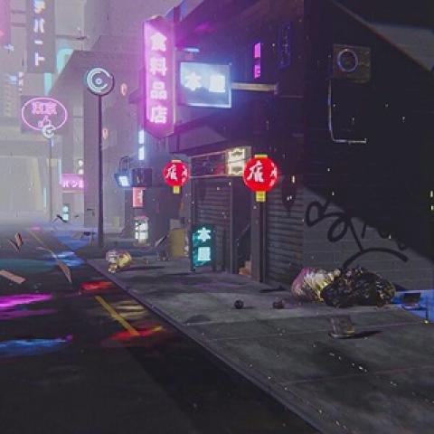 Graphic of a games street with neon signs