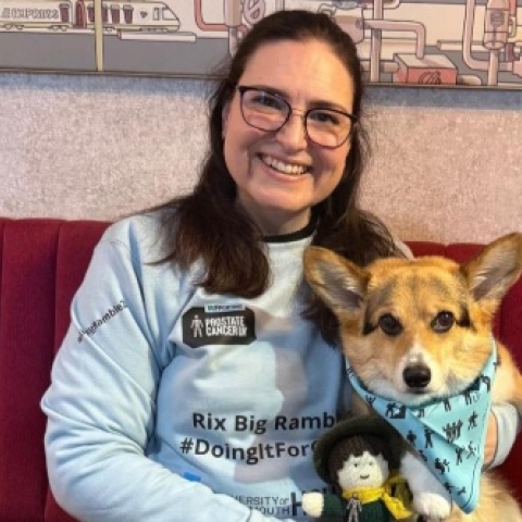Jacqui and Scrumpy, with a miniature crochet  of George who passed away from prostate cancer