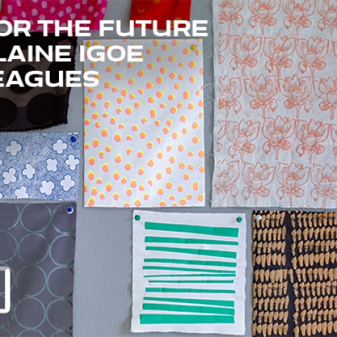 swatches on patterned fabrics pinned to a wall with life solved logo