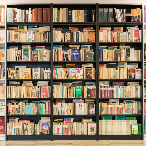 A bookshelf filled with books.