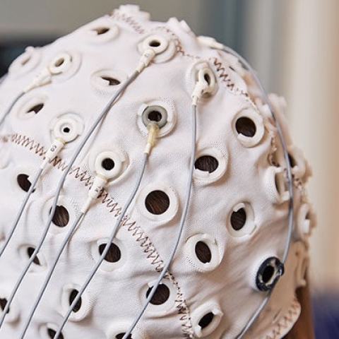 Person wearing an EEG cap to test brain activity