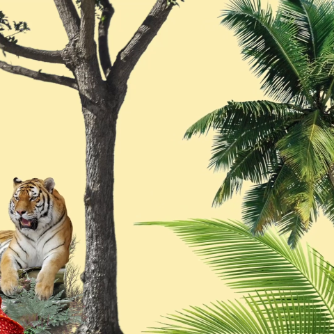 A collage of a lion by a tree with surrounding flora - by Wilson Tavares