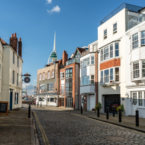Old Portsmouth street with Spinnaker Tower in the background