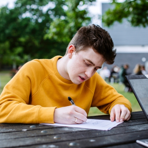 Student studying outside in yellow jumper