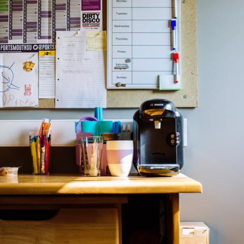 Student desk with coffee maker